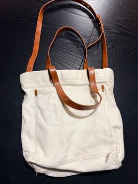 Canvas Tote Bag with Brown Leather Straps - Cream